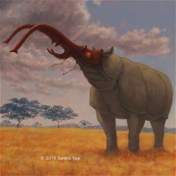 Rhinobeetle 2, oil on panel, 6x6, 2010 SOLD