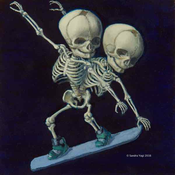 Snow Boarding Twins, oil on panel, 8x8, 2016