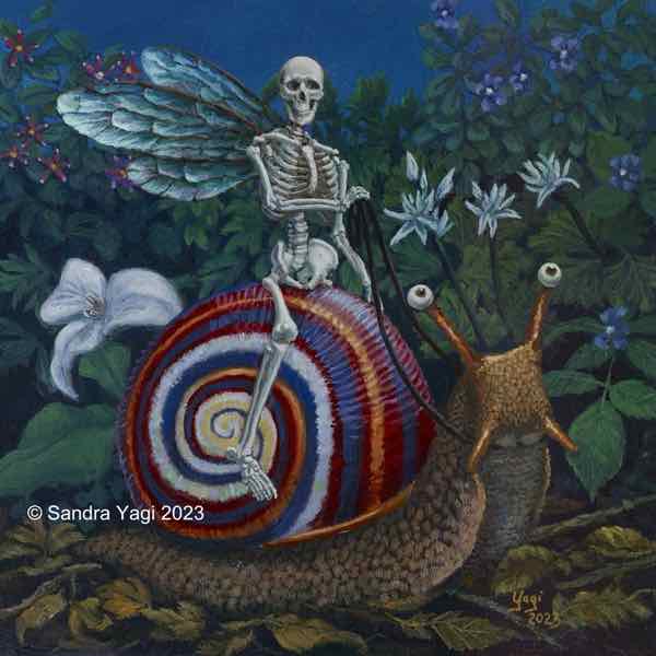 Snail Rider, oil on panel, 12x12, 2023, SOLD