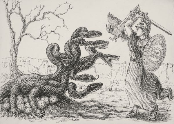 Athena vs Hydra, 10x14, ink on paper, 2020