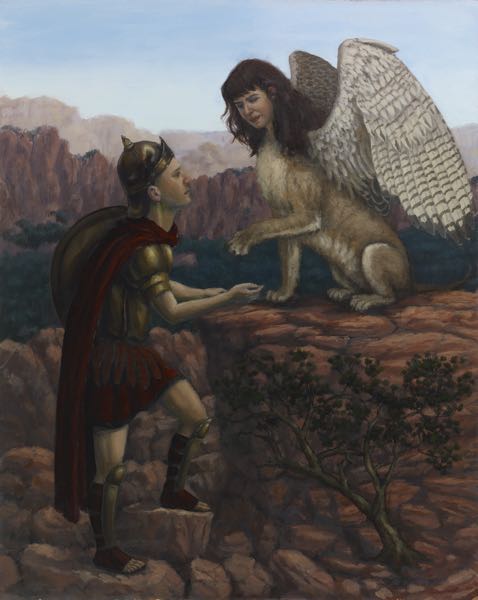 Oedipus and Sphinx, 2019, oil on panel, 20x16